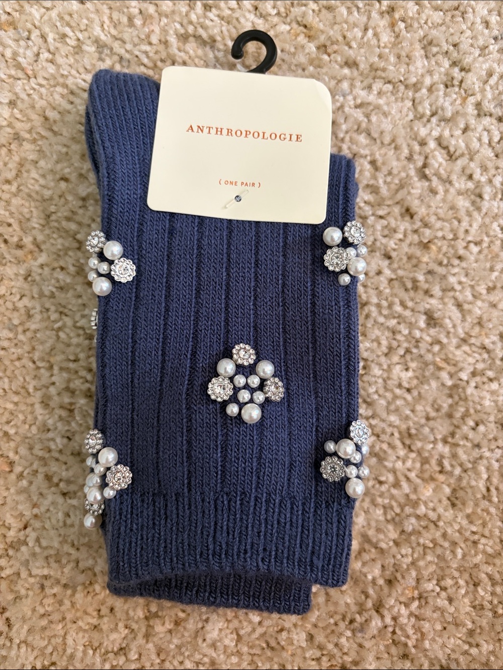 Anthropologie Navy Ribbed Knit Jeweled socks